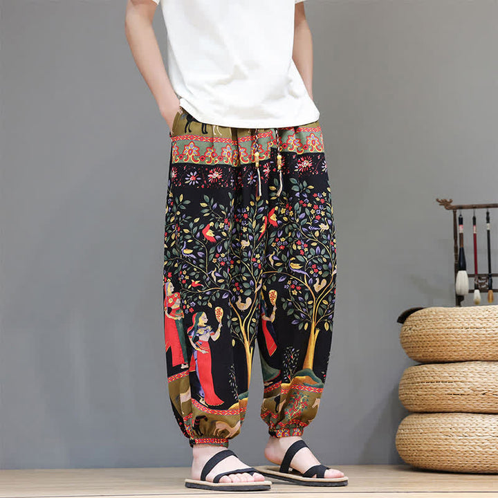 Buddha Stones Pantaloni corti da uomo estivi casual boho con coulisse, motivo geometrico a foglie di elefante, pantaloni harem con tasche. - image 31