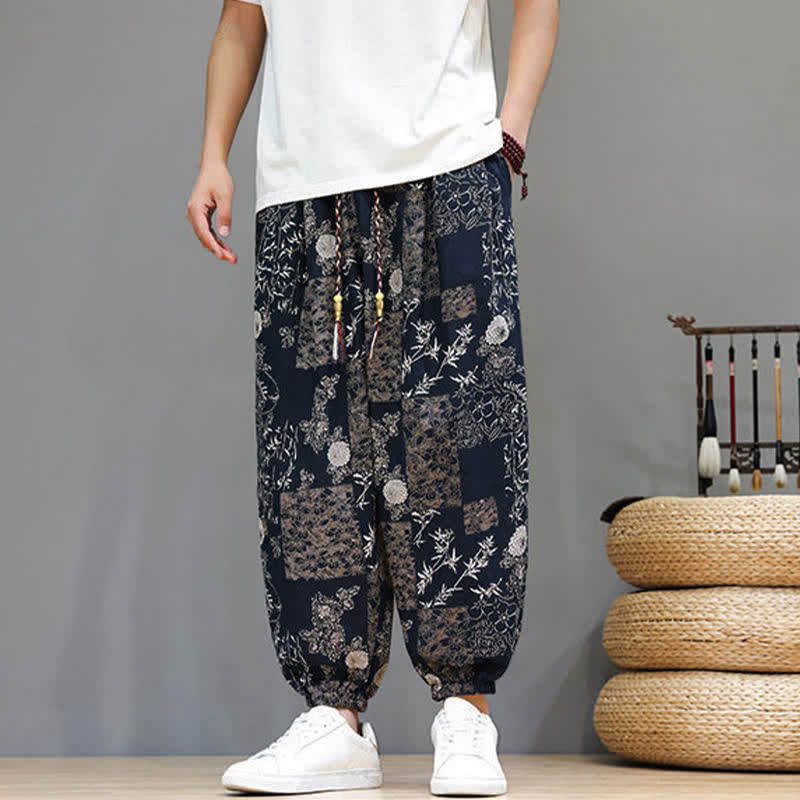 Buddha Stones Pantaloni corti da uomo estivi casual boho con coulisse, motivo geometrico a foglie di elefante, pantaloni harem con tasche. - image 13