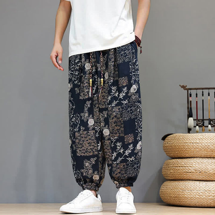 Buddha Stones Pantaloni corti da uomo estivi casual boho con coulisse, motivo geometrico a foglie di elefante, pantaloni harem con tasche. - image 13