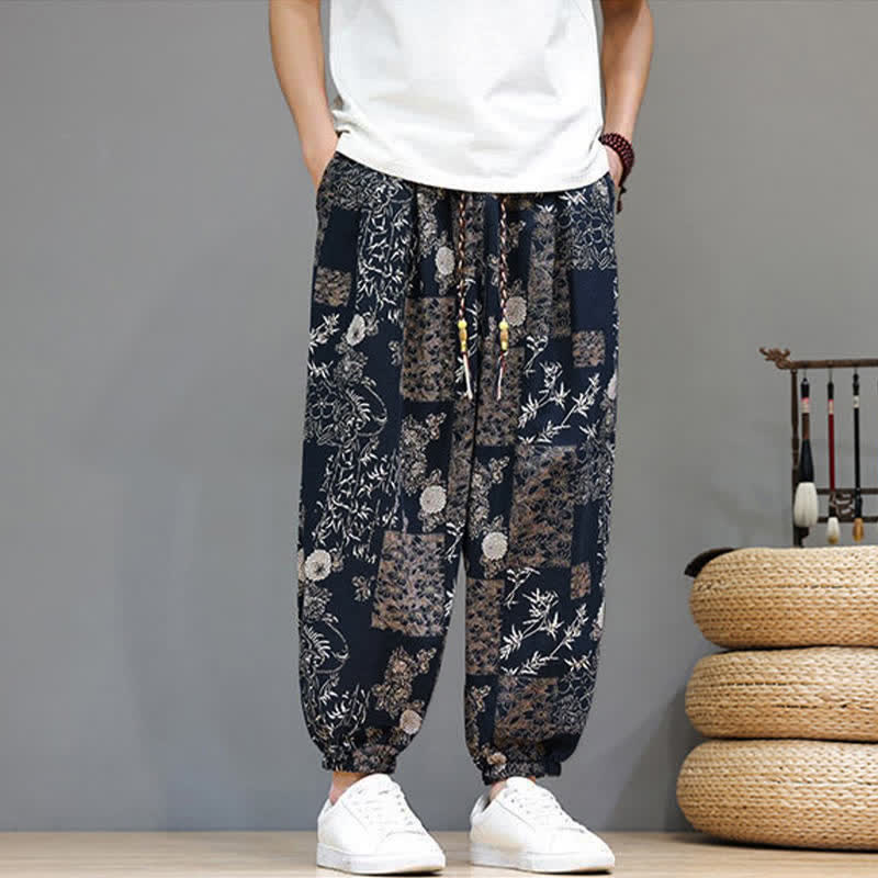 Buddha Stones Pantaloni corti da uomo estivi casual boho con coulisse, motivo geometrico a foglie di elefante, pantaloni harem con tasche. - image 12