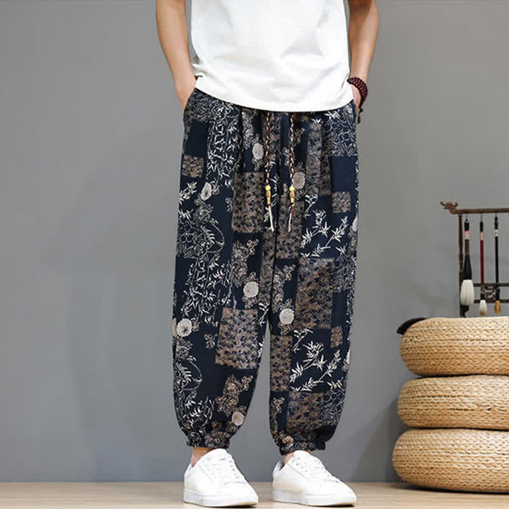 Buddha Stones Pantaloni corti da uomo estivi casual boho con coulisse, motivo geometrico a foglie di elefante, pantaloni harem con tasche. - image 12