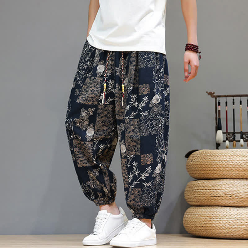 Buddha Stones Pantaloni corti da uomo estivi casual boho con coulisse, motivo geometrico a foglie di elefante, pantaloni harem con tasche. - image 14