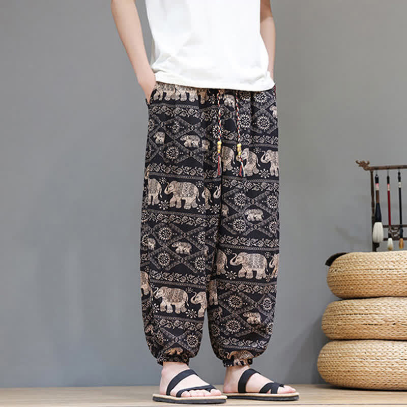 Buddha Stones Pantaloni corti da uomo estivi casual boho con coulisse, motivo geometrico a foglie di elefante, pantaloni harem con tasche. - image 22