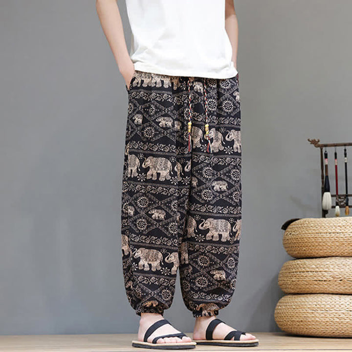 Buddha Stones Pantaloni corti da uomo estivi casual boho con coulisse, motivo geometrico a foglie di elefante, pantaloni harem con tasche. - image 22