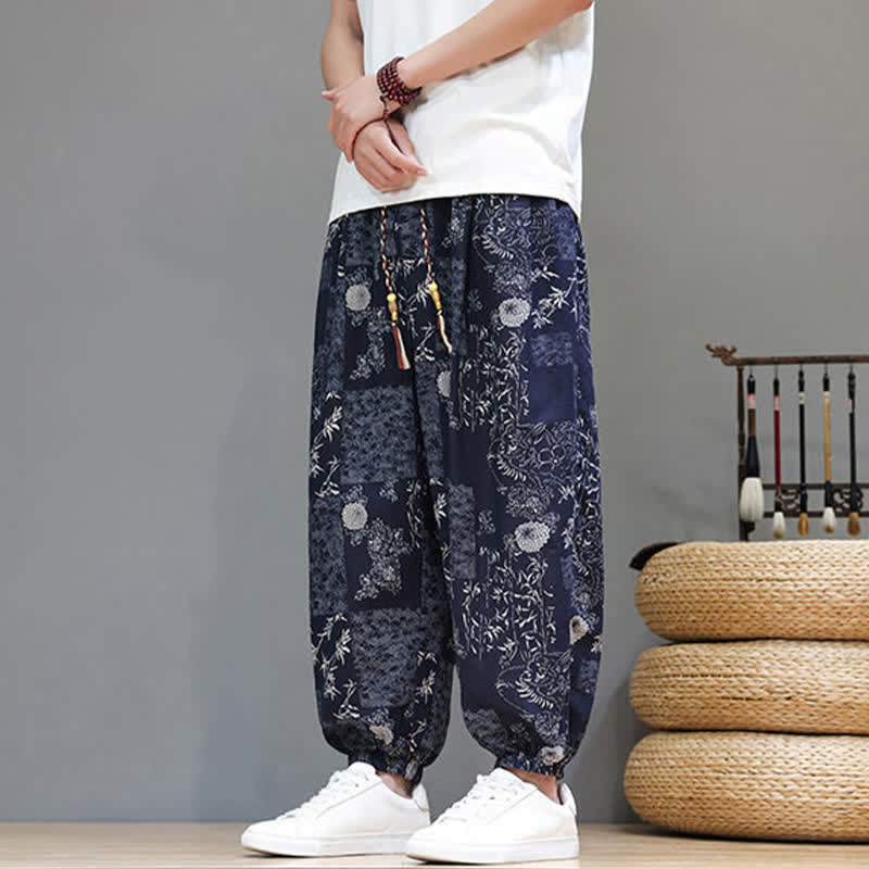 Buddha Stones Pantaloni corti da uomo estivi casual boho con coulisse, motivo geometrico a foglie di elefante, pantaloni harem con tasche. - image 8