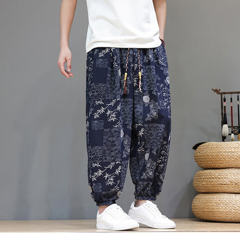 Buddha Stones Pantaloni corti da uomo estivi casual boho con coulisse, motivo geometrico a foglie di elefante, pantaloni harem con tasche. - image 9