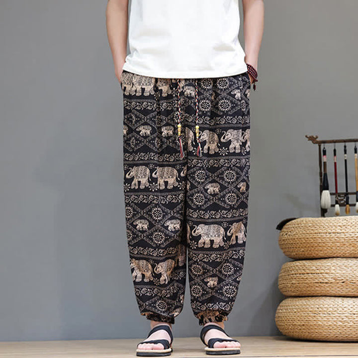 Buddha Stones Pantaloni corti da uomo estivi casual boho con coulisse, motivo geometrico a foglie di elefante, pantaloni harem con tasche. - image 27