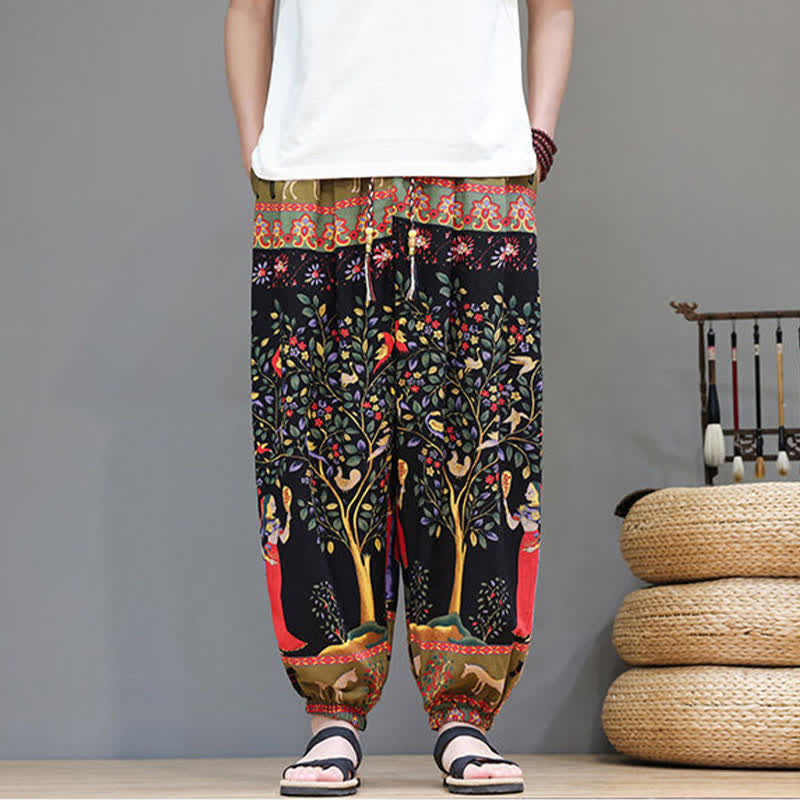 Buddha Stones Pantaloni corti da uomo estivi casual boho con coulisse, motivo geometrico a foglie di elefante, pantaloni harem con tasche. - Nero - US/UK/AU46, EU56 (5XL) - image 30