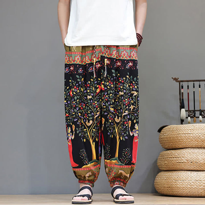 Buddha Stones Pantaloni corti da uomo estivi casual boho con coulisse, motivo geometrico a foglie di elefante, pantaloni harem con tasche. - Nero - US/UK/AU46, EU56 (5XL) - image 30