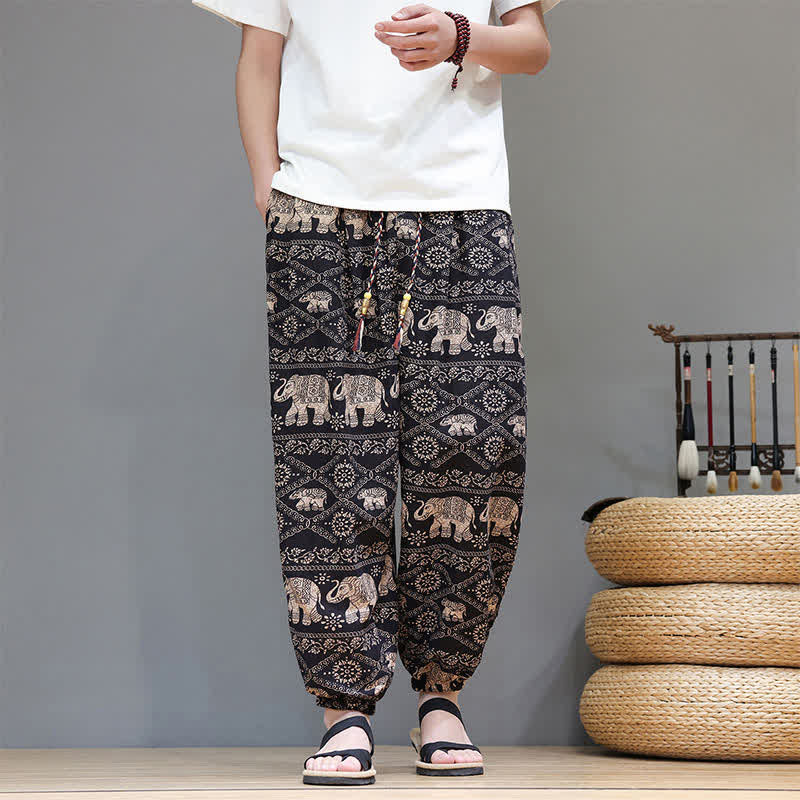 Buddha Stones Pantaloni corti da uomo estivi casual boho con coulisse, motivo geometrico a foglie di elefante, pantaloni harem con tasche. - Marrone sella - US/UK/AU46, EU56 (5XL) - image 21
