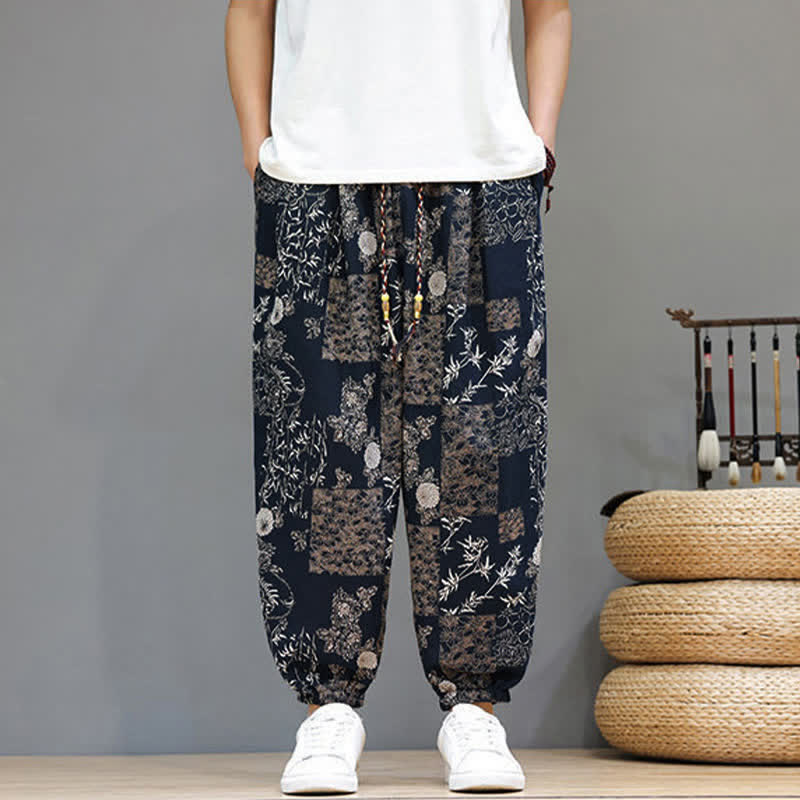 Buddha Stones Pantaloni corti da uomo estivi casual boho con coulisse, motivo geometrico a foglie di elefante, pantaloni harem con tasche. - image 15