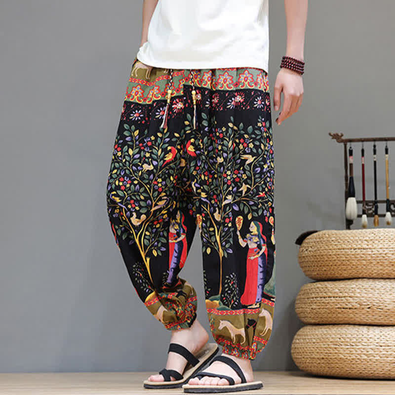 Buddha Stones Pantaloni corti da uomo estivi casual boho con coulisse, motivo geometrico a foglie di elefante, pantaloni harem con tasche. - image 36