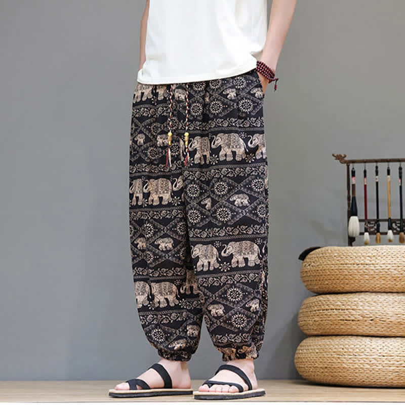 Buddha Stones Pantaloni corti da uomo estivi casual boho con coulisse, motivo geometrico a foglie di elefante, pantaloni harem con tasche. - image 23
