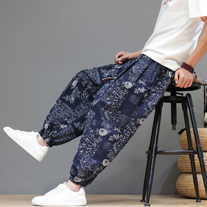 Buddha Stones Pantaloni corti da uomo estivi casual boho con coulisse, motivo geometrico a foglie di elefante, pantaloni harem con tasche. - image 10