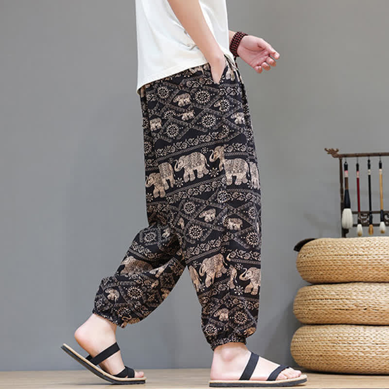 Buddha Stones Pantaloni corti da uomo estivi casual boho con coulisse, motivo geometrico a foglie di elefante, pantaloni harem con tasche. - image 24