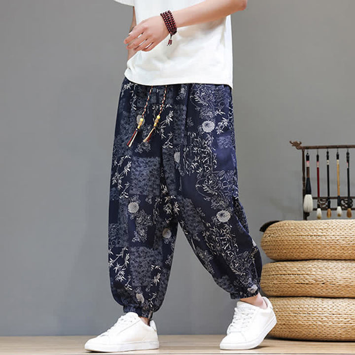 Buddha Stones Pantaloni corti da uomo estivi casual boho con coulisse, motivo geometrico a foglie di elefante, pantaloni harem con tasche. - Blu mezzanotte - US/UK/AU46, EU56 (5XL) - image 0