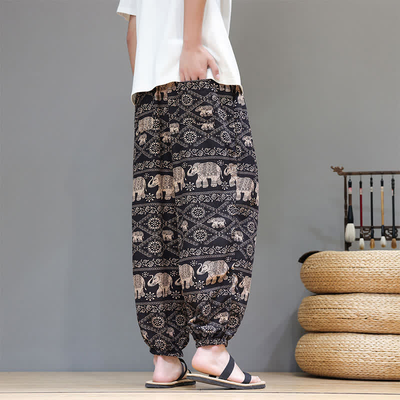 Buddha Stones Pantaloni corti da uomo estivi casual boho con coulisse, motivo geometrico a foglie di elefante, pantaloni harem con tasche. - image 26