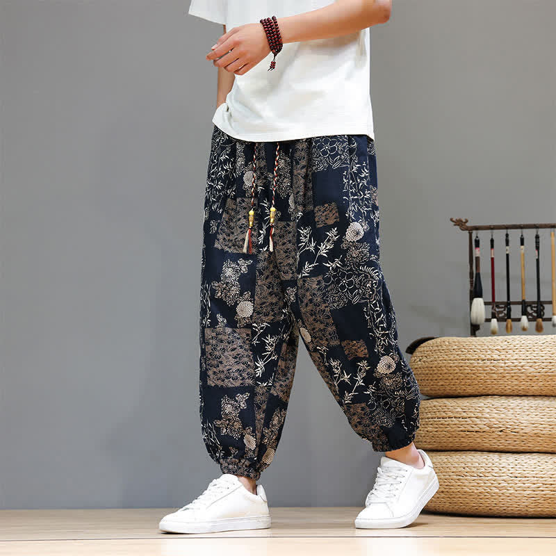 Buddha Stones Pantaloni corti da uomo estivi casual boho con coulisse, motivo geometrico a foglie di elefante, pantaloni harem con tasche. - SteelBlue - US/UK/AU46, EU56 (5XL) - image 11