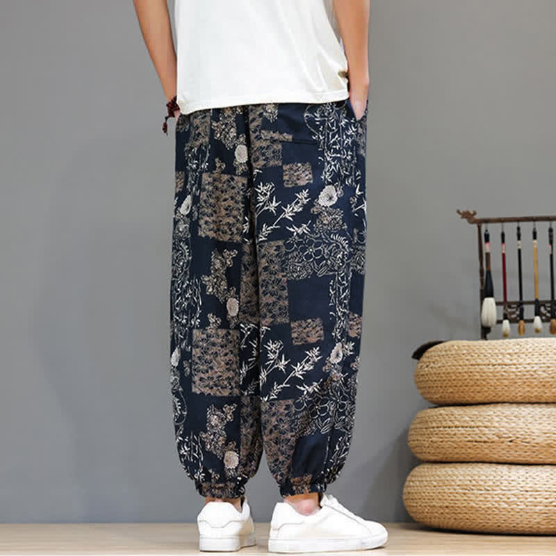 Buddha Stones Pantaloni corti da uomo estivi casual boho con coulisse, motivo geometrico a foglie di elefante, pantaloni harem con tasche. - image 18