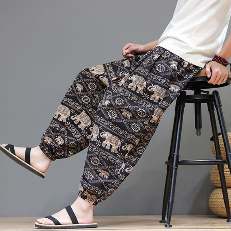 Buddha Stones Pantaloni corti da uomo estivi casual boho con coulisse, motivo geometrico a foglie di elefante, pantaloni harem con tasche. - image 29
