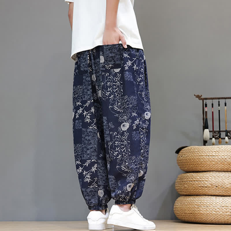 Buddha Stones Pantaloni corti da uomo estivi casual boho con coulisse, motivo geometrico a foglie di elefante, pantaloni harem con tasche. - image 6
