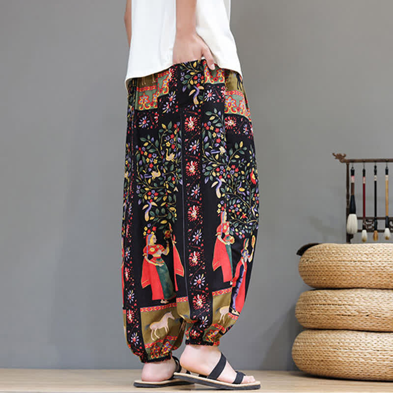 Buddha Stones Pantaloni corti da uomo estivi casual boho con coulisse, motivo geometrico a foglie di elefante, pantaloni harem con tasche. - image 33