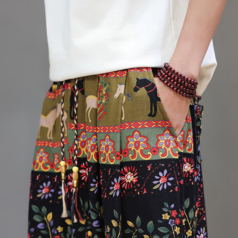 Buddha Stones Pantaloni corti da uomo estivi casual boho con coulisse, motivo geometrico a foglie di elefante, pantaloni harem con tasche. - image 38