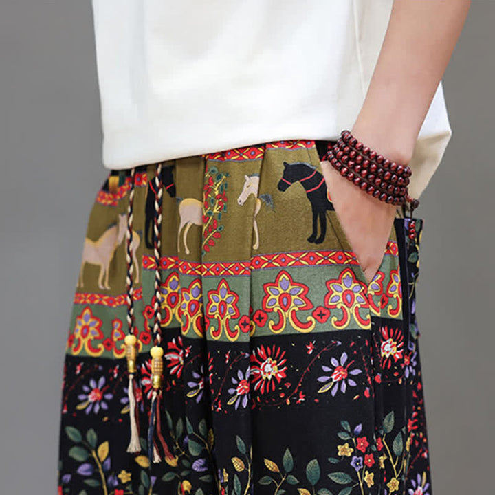 Buddha Stones Pantaloni corti da uomo estivi casual boho con coulisse, motivo geometrico a foglie di elefante, pantaloni harem con tasche. - image 38