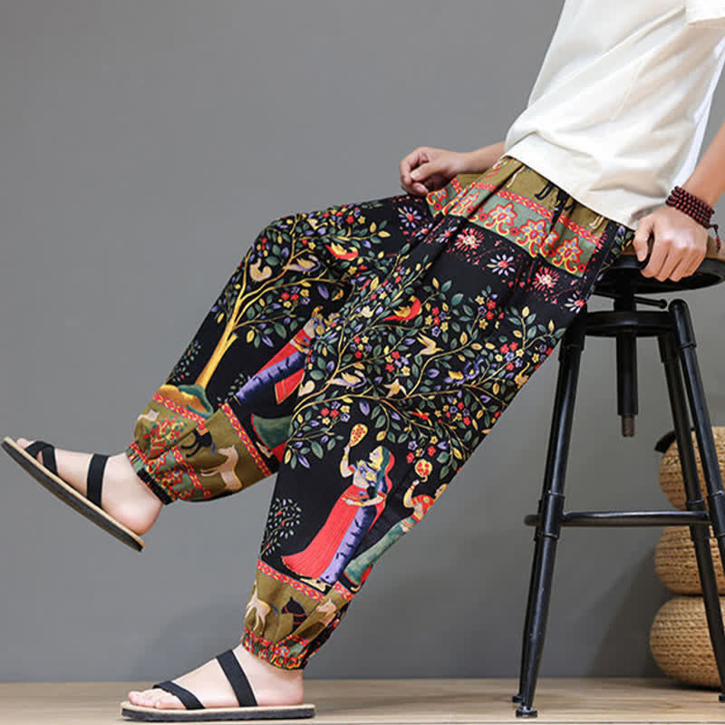 Buddha Stones Pantaloni corti da uomo estivi casual boho con coulisse, motivo geometrico a foglie di elefante, pantaloni harem con tasche. - image 37