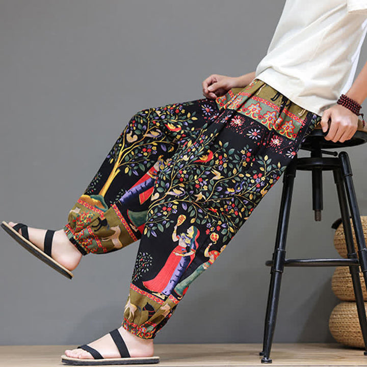 Buddha Stones Pantaloni corti da uomo estivi casual boho con coulisse, motivo geometrico a foglie di elefante, pantaloni harem con tasche. - image 37