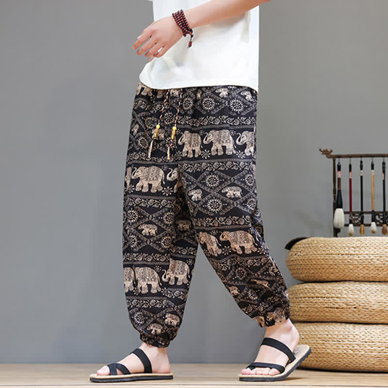 Buddha Stones Pantaloni corti da uomo estivi casual boho con coulisse, motivo geometrico a foglie di elefante, pantaloni harem con tasche. - image 28
