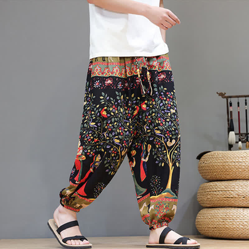 Buddha Stones Pantaloni corti da uomo estivi casual boho con coulisse, motivo geometrico a foglie di elefante, pantaloni harem con tasche. - image 34