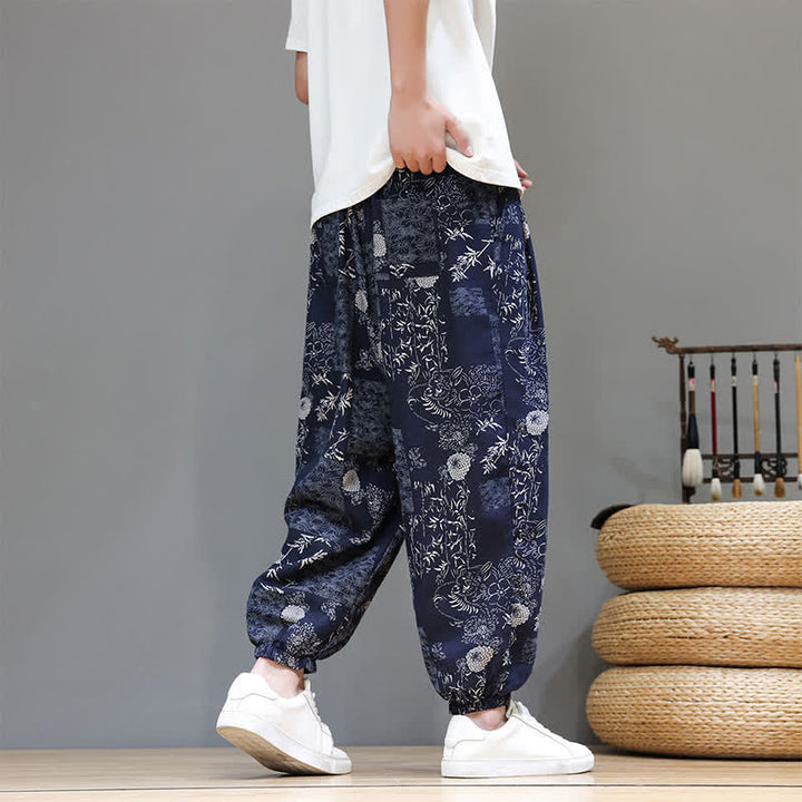 Buddha Stones Pantaloni corti da uomo estivi casual boho con coulisse, motivo geometrico a foglie di elefante, pantaloni harem con tasche. - image 3
