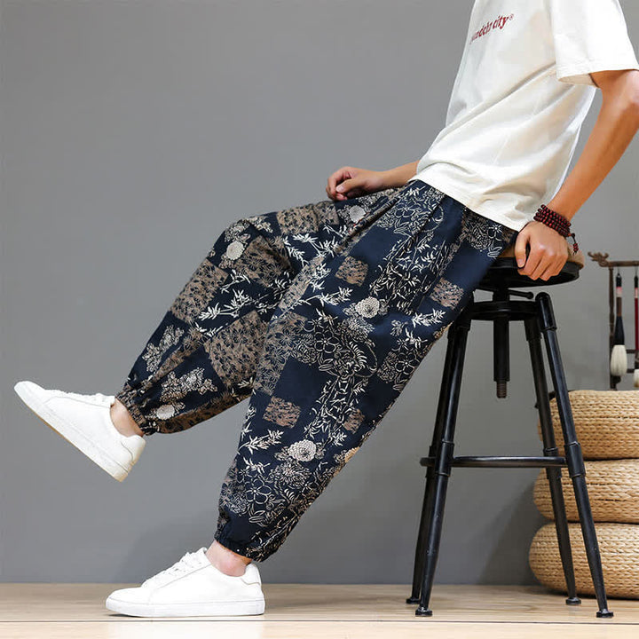 Buddha Stones Pantaloni corti da uomo estivi casual boho con coulisse, motivo geometrico a foglie di elefante, pantaloni harem con tasche. - image 20