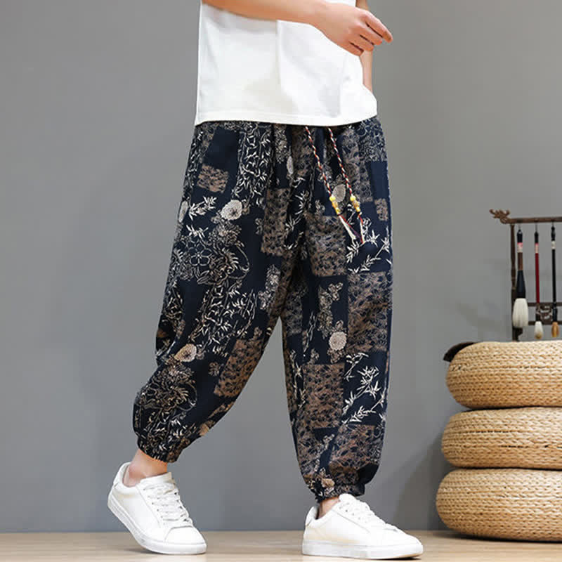 Buddha Stones Pantaloni corti da uomo estivi casual boho con coulisse, motivo geometrico a foglie di elefante, pantaloni harem con tasche. - image 19