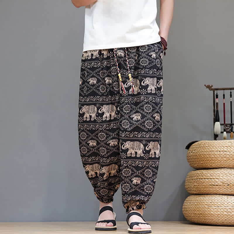 Buddha Stones Pantaloni corti da uomo estivi casual boho con coulisse, motivo geometrico a foglie di elefante, pantaloni harem con tasche. - image 25