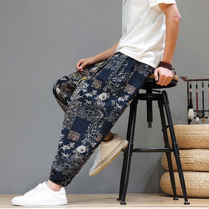 Buddha Stones Pantaloni corti da uomo estivi casual boho con coulisse, motivo geometrico a foglie di elefante, pantaloni harem con tasche. - image 17