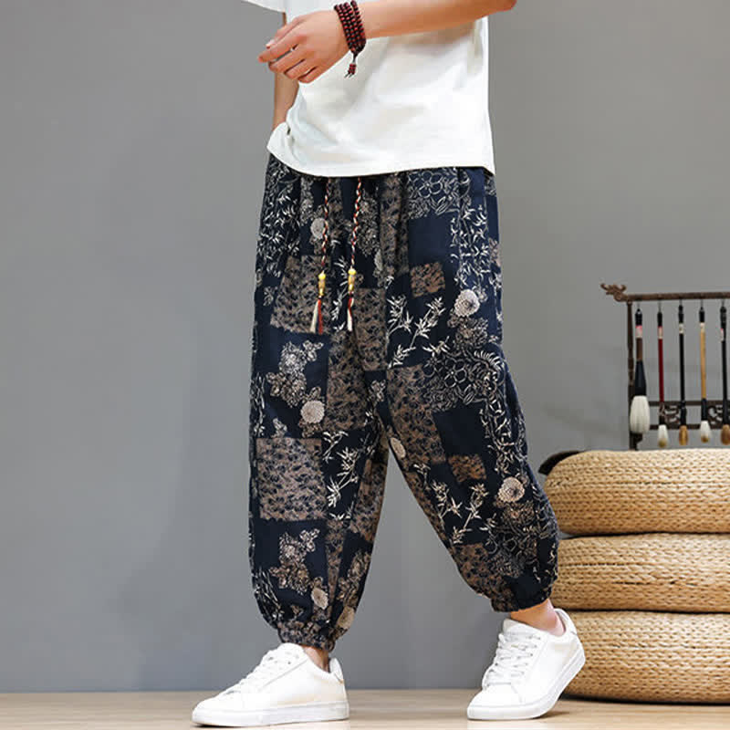 Buddha Stones Pantaloni corti da uomo estivi casual boho con coulisse, motivo geometrico a foglie di elefante, pantaloni harem con tasche. - image 16