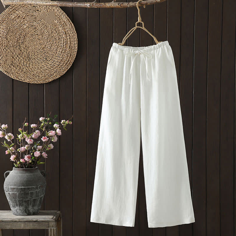 Buddha Stones Pantaloni estivi casual minimalisti con coulisse in cotone e lino tinta unita, modello alla caviglia, da donna, a gamba dritta con tasca. - Bianco - US8-10, UK/AU12-14, EU40-42 (2XL) - image 0
