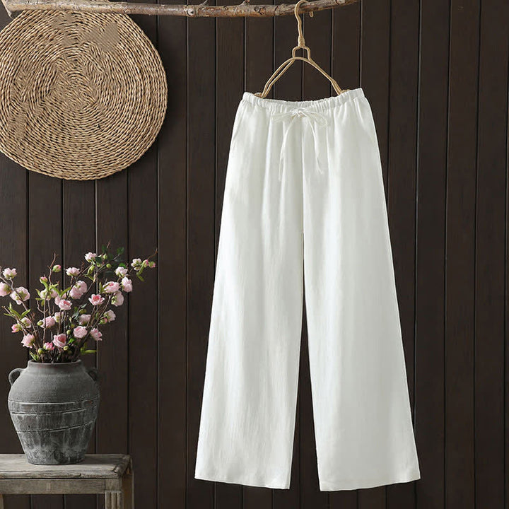 Buddha Stones Pantaloni estivi casual minimalisti con coulisse in cotone e lino tinta unita, modello alla caviglia, da donna, a gamba dritta con tasca. - Bianco - US8-10, UK/AU12-14, EU40-42 (2XL) - image 0