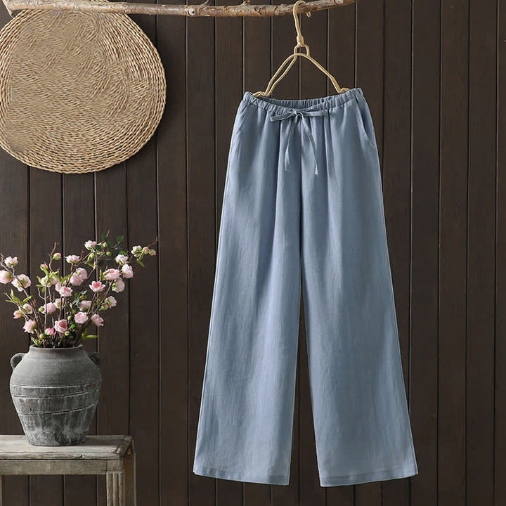Buddha Stones Pantaloni estivi casual minimalisti con coulisse in cotone e lino tinta unita, modello alla caviglia, da donna, a gamba dritta con tasca. - Azzurro cielo chiaro - US8-10, UK/AU12-14, EU40-42 (2XL) - image 10