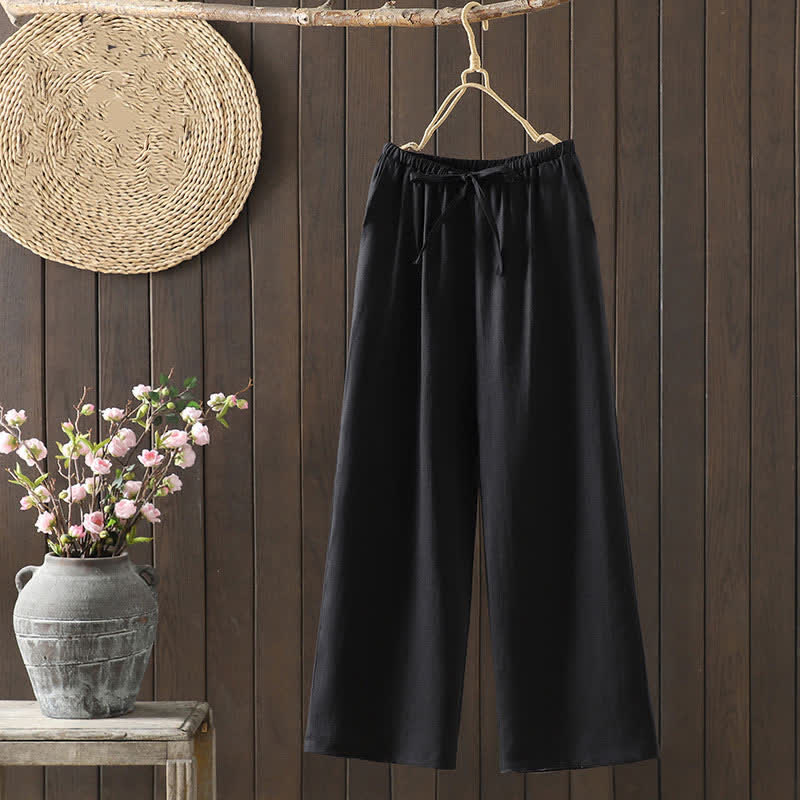 Buddha Stones Pantaloni estivi casual minimalisti con coulisse in cotone e lino tinta unita, modello alla caviglia, da donna, a gamba dritta con tasca. - Nero - US8-10, UK/AU12-14, EU40-42 (2XL) - image 15
