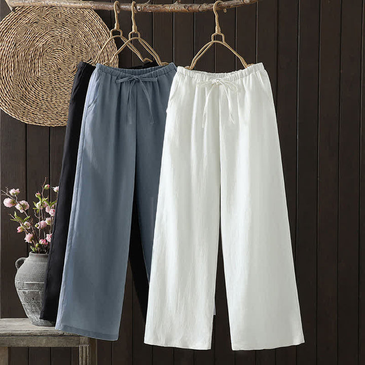 Buddha Stones Pantaloni estivi casual minimalisti con coulisse in cotone e lino tinta unita, modello alla caviglia, da donna, a gamba dritta con tasca. - image 20