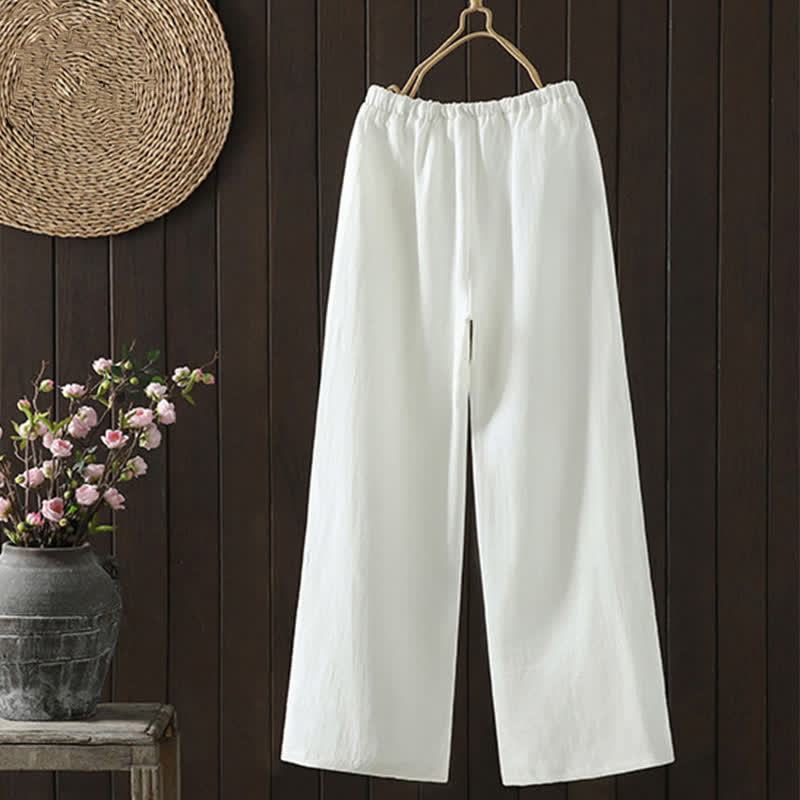 Buddha Stones Pantaloni estivi casual minimalisti con coulisse in cotone e lino tinta unita, modello alla caviglia, da donna, a gamba dritta con tasca. - image 1