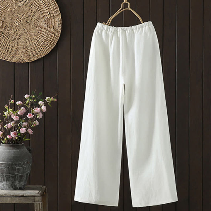 Buddha Stones Pantaloni estivi casual minimalisti con coulisse in cotone e lino tinta unita, modello alla caviglia, da donna, a gamba dritta con tasca. - image 1