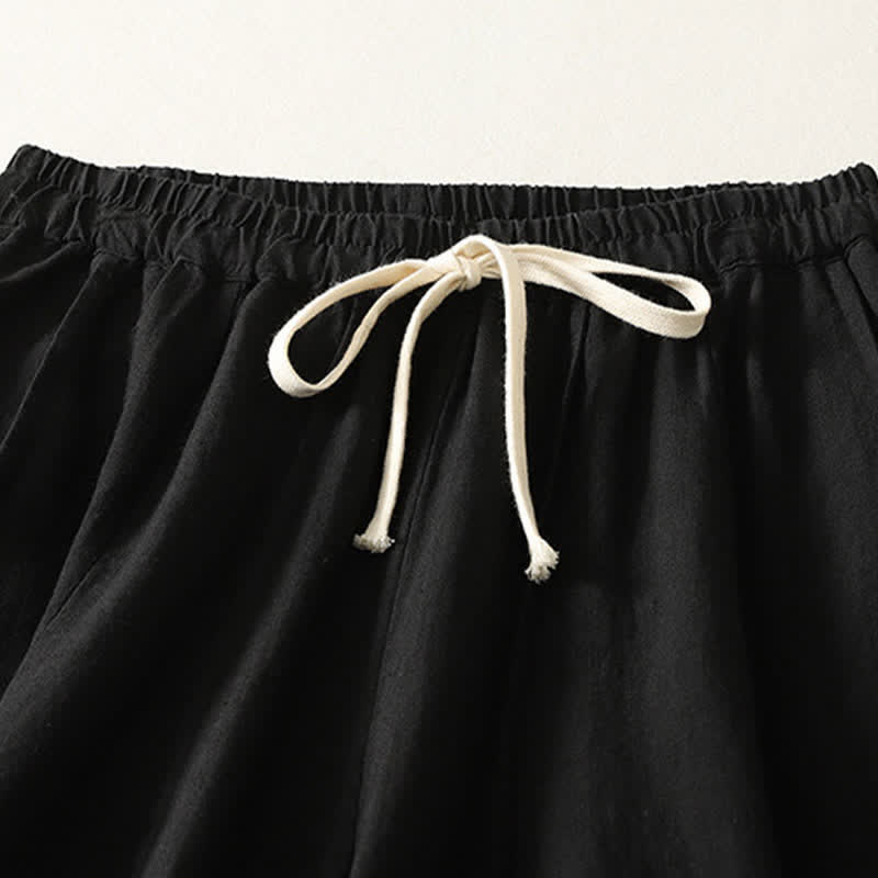 Buddha Stones Pantaloni corti estivi casual semplici con coulisse in cotone e lino tinta unita da donna, modello harem con tasca - image 8