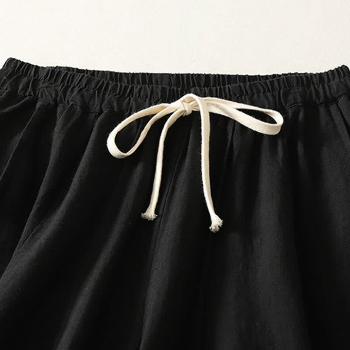 Buddha Stones Pantaloni corti estivi casual semplici con coulisse in cotone e lino tinta unita da donna, modello harem con tasca - image 8