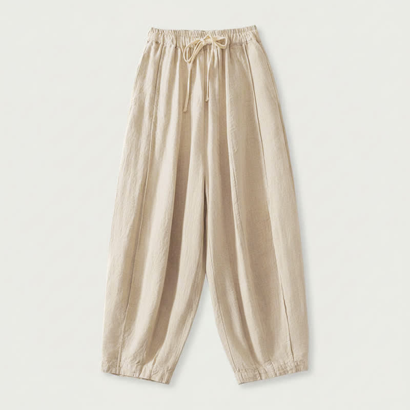Buddha Stones Pantaloni corti estivi casual semplici con coulisse in cotone e lino tinta unita da donna, modello harem con tasca - Beige - US8-10, UK/AU12-14, EU40-42 (2XL) - image 0