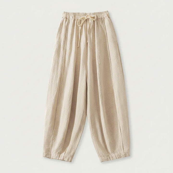 Buddha Stones Pantaloni corti estivi casual semplici con coulisse in cotone e lino tinta unita da donna, modello harem con tasca - Beige - US8-10, UK/AU12-14, EU40-42 (2XL) - image 0