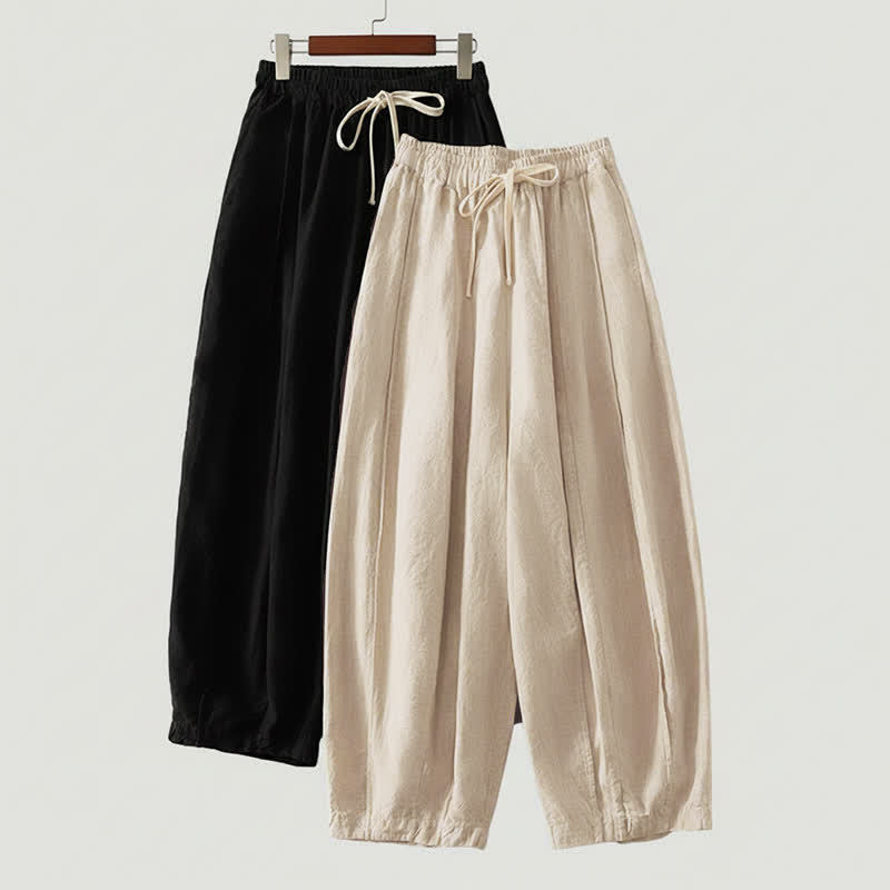 Buddha Stones Pantaloni corti estivi casual semplici con coulisse in cotone e lino tinta unita da donna, modello harem con tasca - image 11